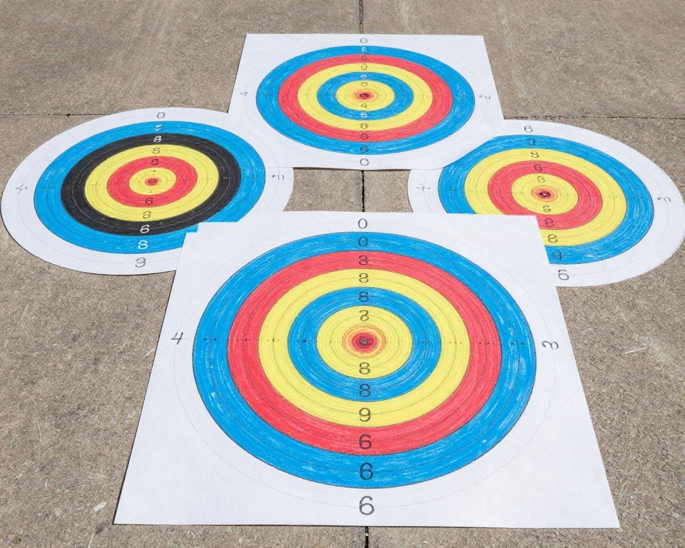 Colorful circular targets drawn in chalk with different point values