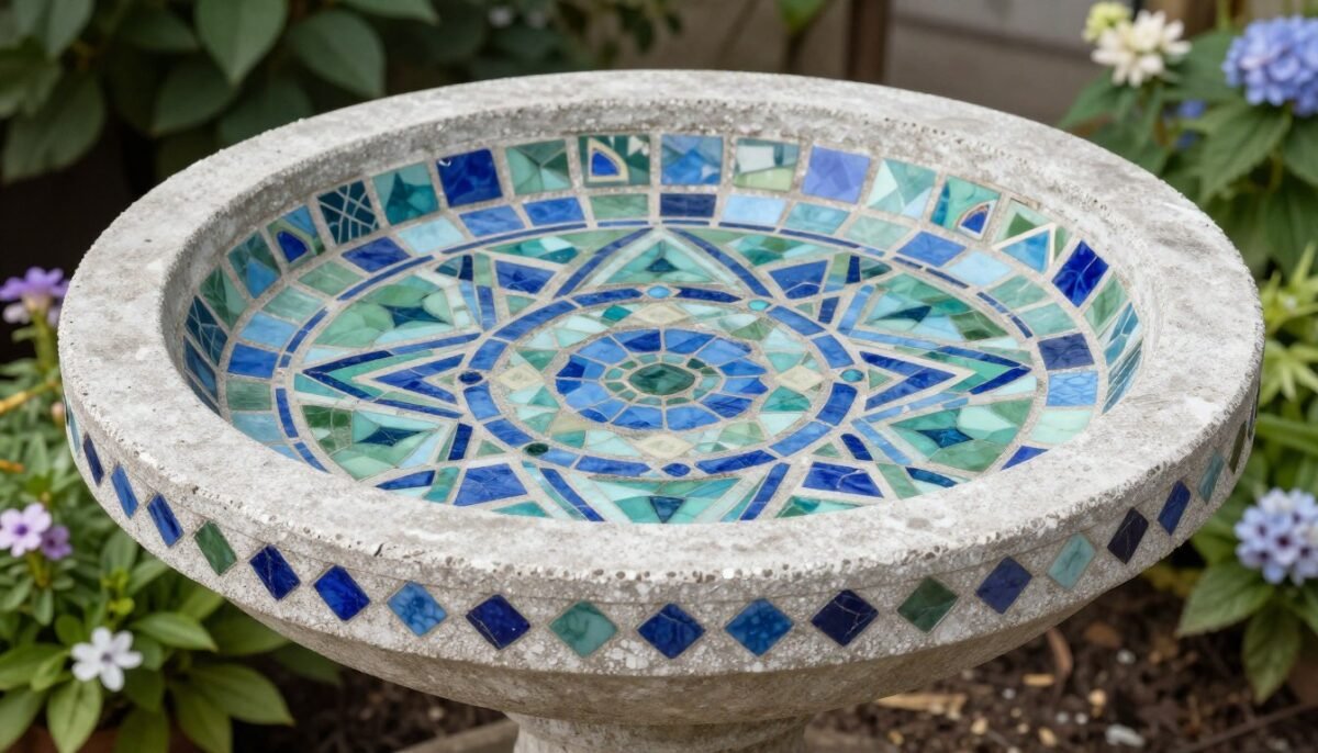 Colorful mosaic tile decorated concrete bird bath with intricate patterns