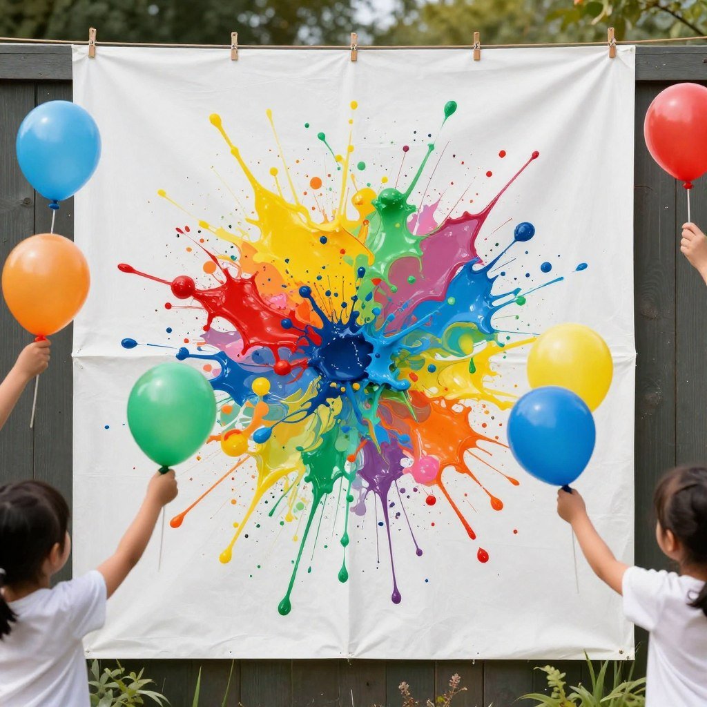 Colorful paint-filled water balloons bursting on white canvas