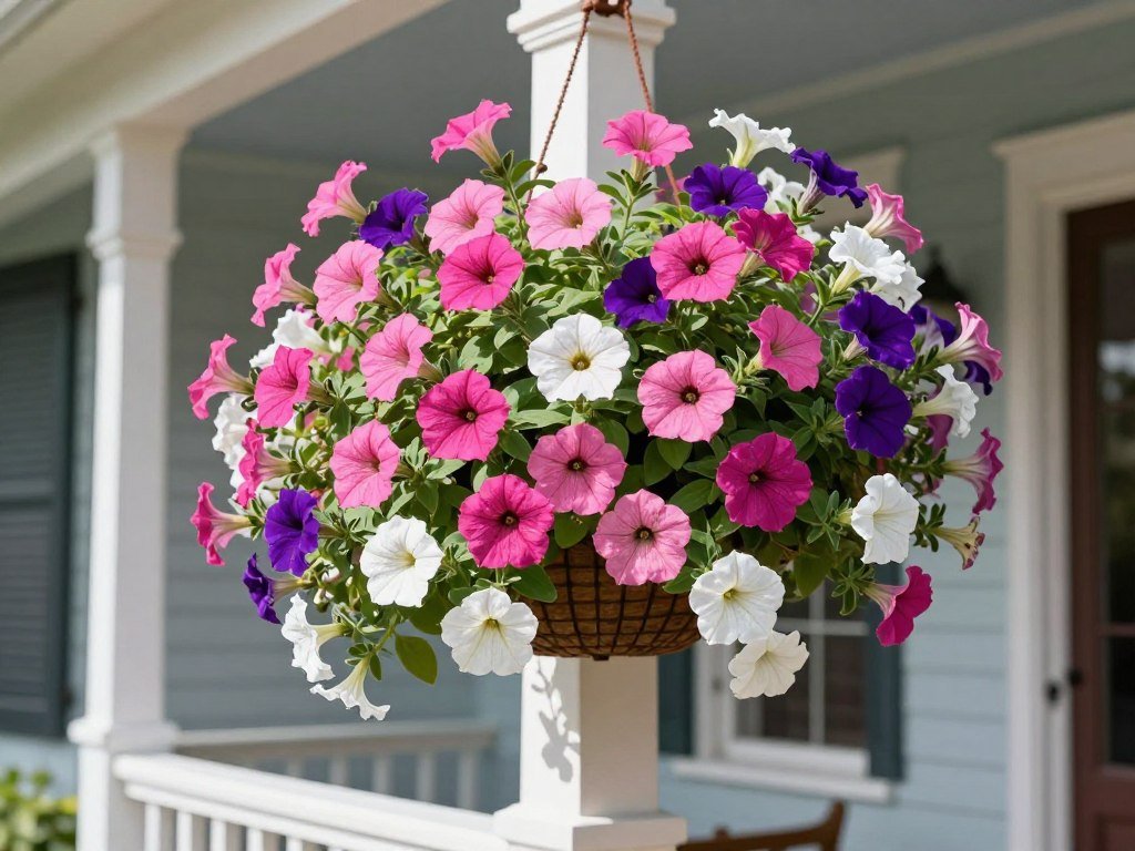 Colorful petunia hanging basket on sunny porch with cascading pink and purple blooms