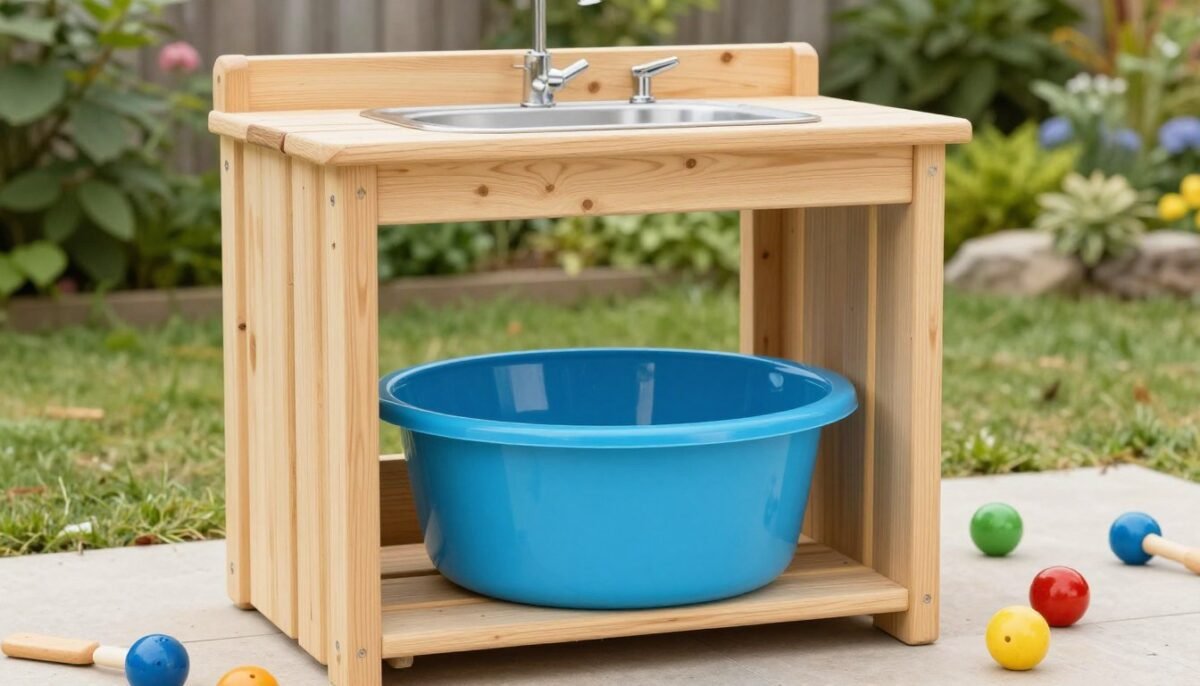 Colorful plastic basin integrated into DIY mud kitchen