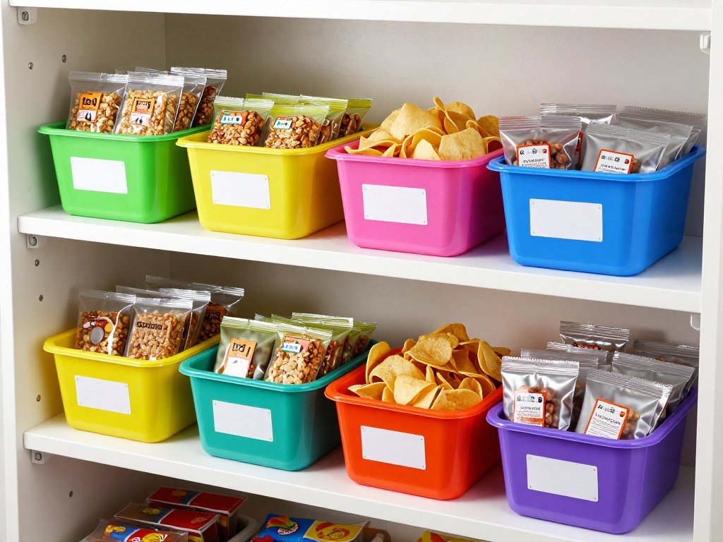 Colorful plastic baskets organizing snacks in pantry