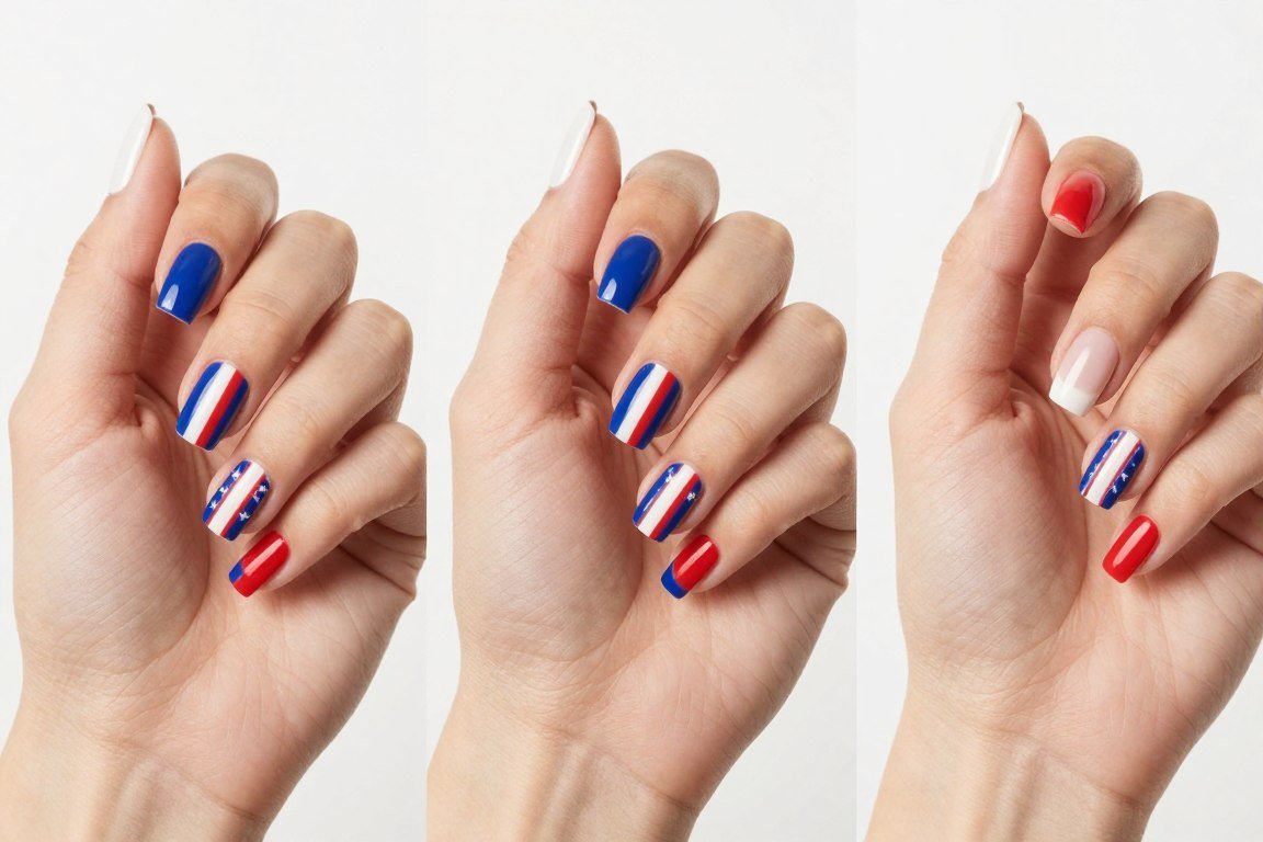 Comparison of press-on nail lengths from short to long with patriotic designs