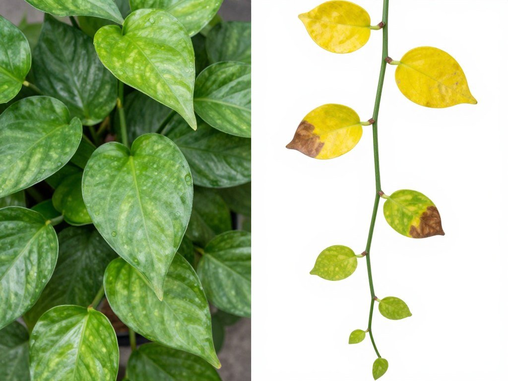 Comparison showing healthy pothos leaves versus common problems like yellowing