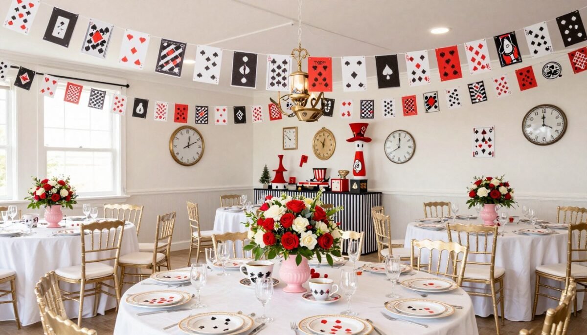 Complete Alice in Wonderland party setup showing multiple DIY decorations together