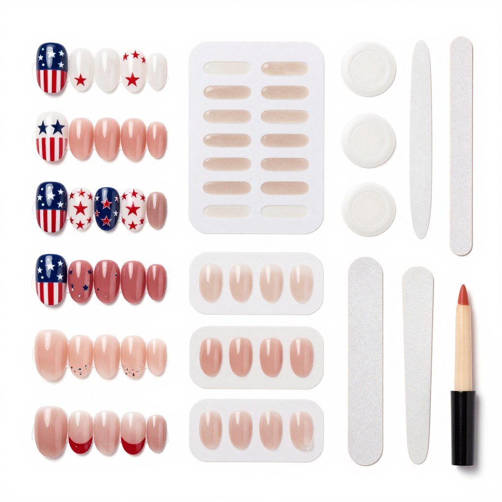 Complete press-on nail kit with patriotic designs adhesive and tools