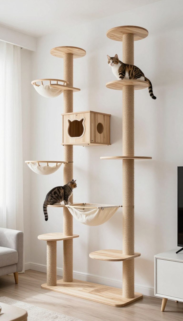 Complete wall-mounted cat tree system from floor to ceiling