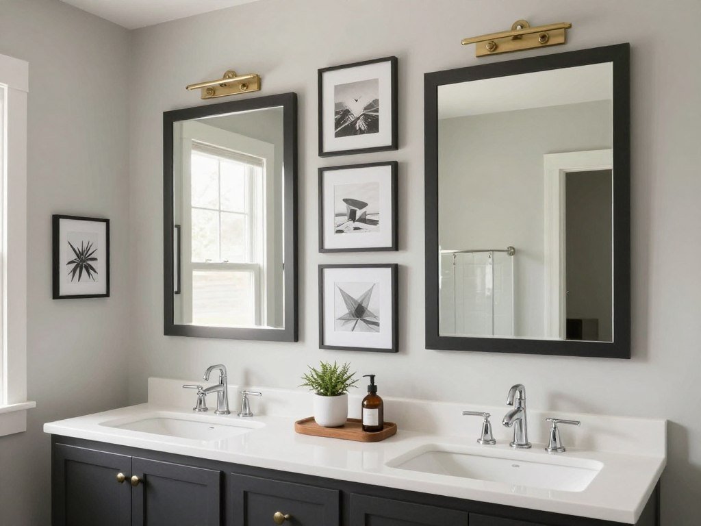 Completed gallery wall with coordinated bathroom elements