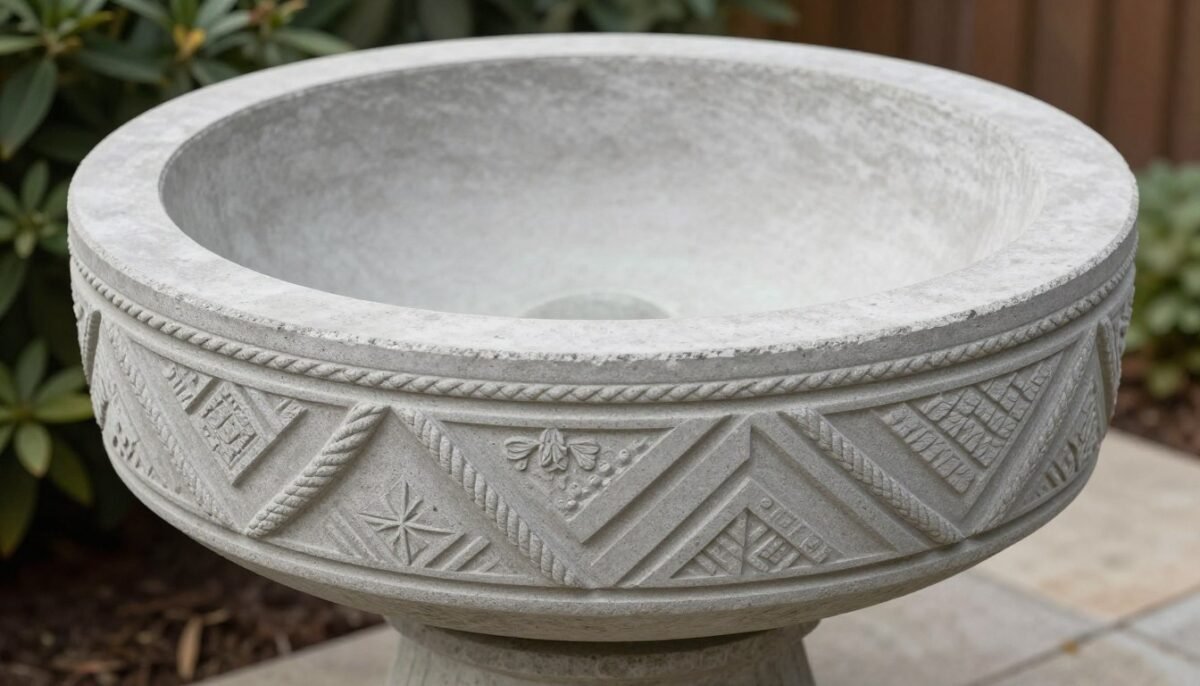 Concrete bird bath with decorative stamped texture patterns