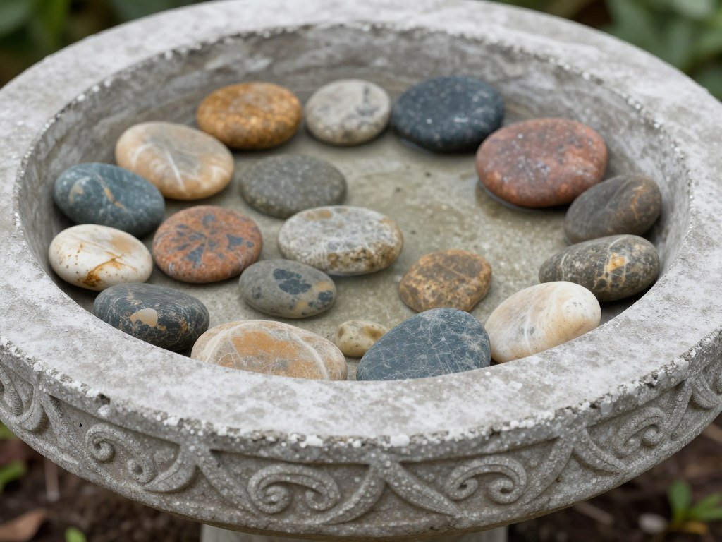 Concrete bird bath with decorative stones embedded in surface