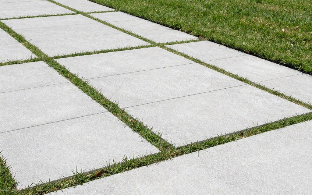 Concrete paver garden walkway with grass joints