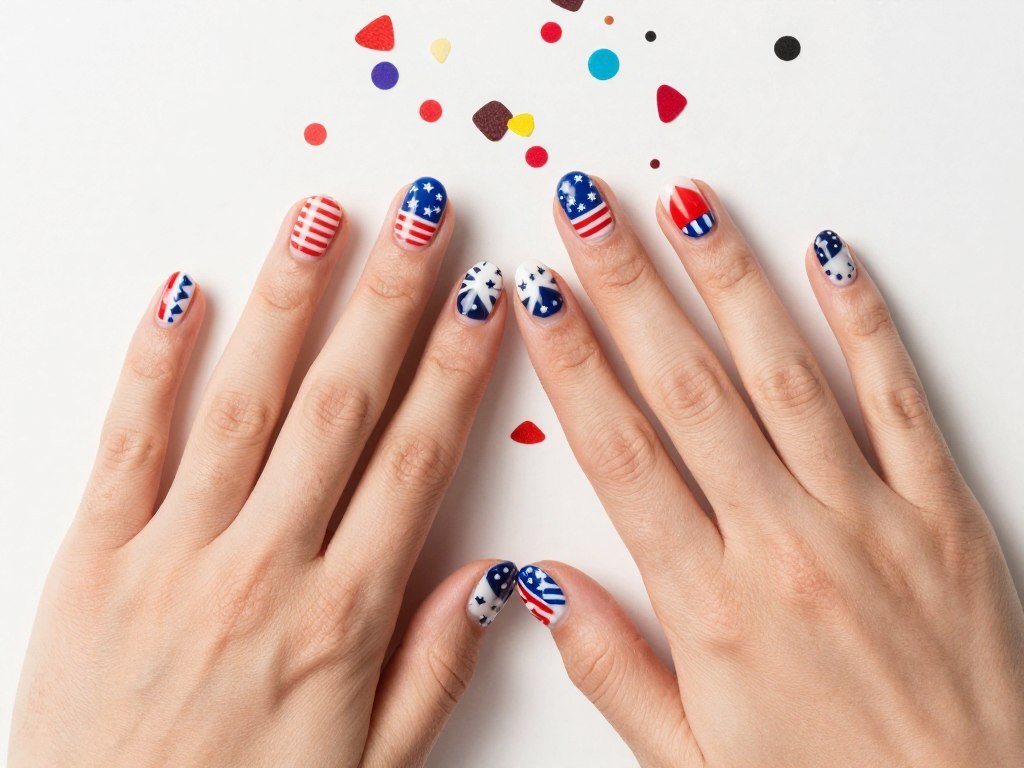 Confetti effect nail art with random red white and blue shapes