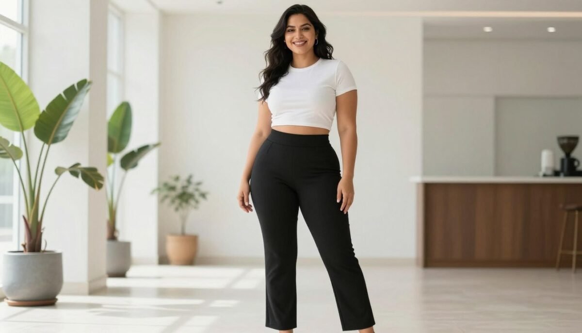 Confident woman in flattering outfit for her body type looking happy