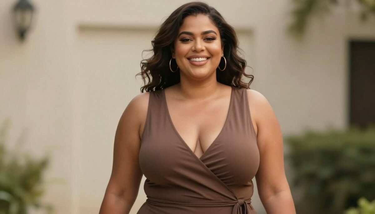 Confident woman with broad shoulders and large bust in flattering outfit Confident woman with broad shoulders and large bust in flattering outfit