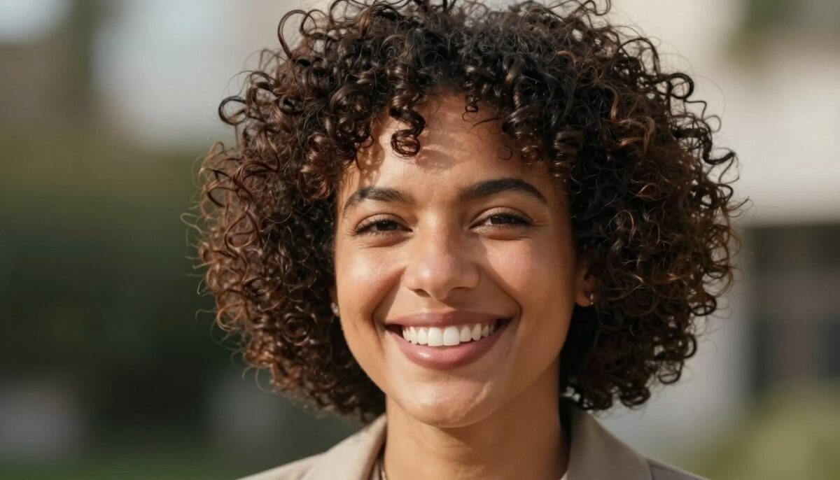 Confident woman with gorgeous short curly hairstyle smiling