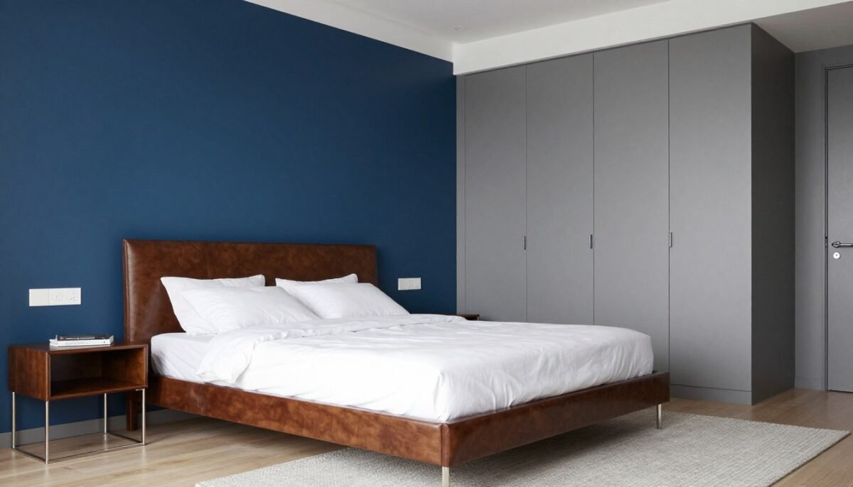 Contemporary bedroom with midnight blue accent wall and espresso furniture Contemporary bedroom with midnight blue accent wall and espresso furniture