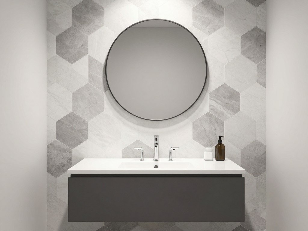Contemporary powder bathroom with geometric hexagon wallpaper pattern