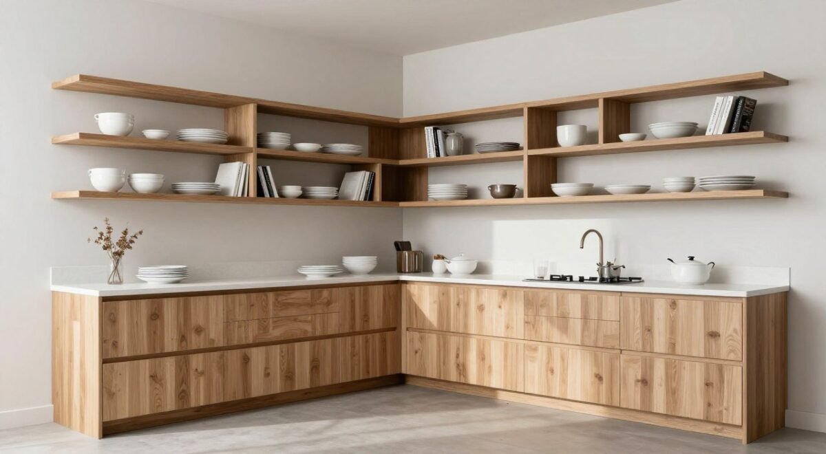 Continuous wooden shelves wrapping around kitchen corner with seamless transition