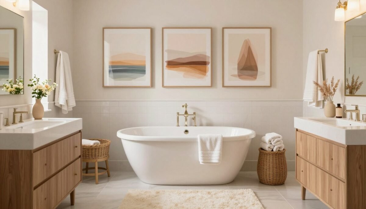 Coordinated bathroom with matching art and accessories