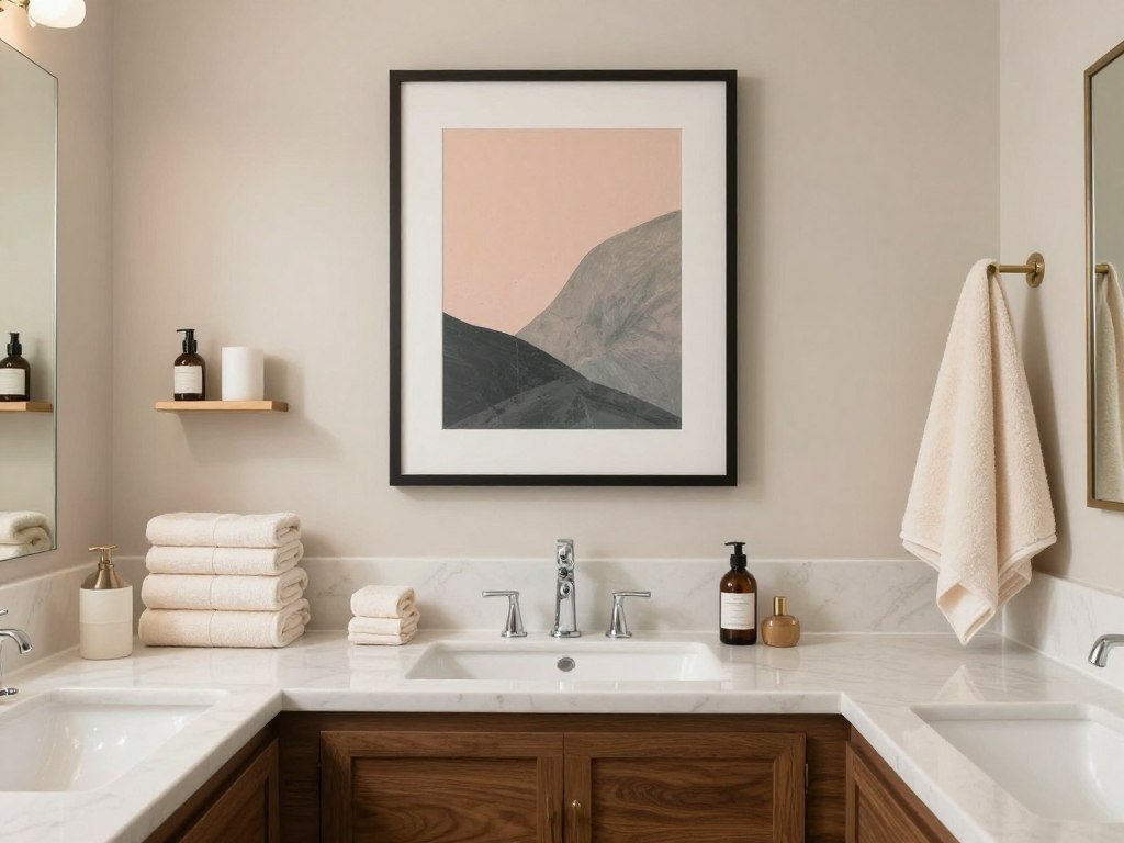 Coordinated bathroom with matching art and fixtures