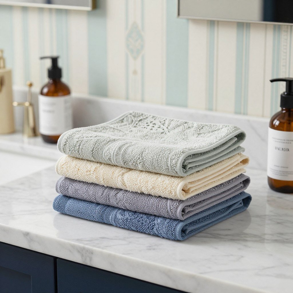 Coordinated hand towels in colors pulled from wallpaper pattern