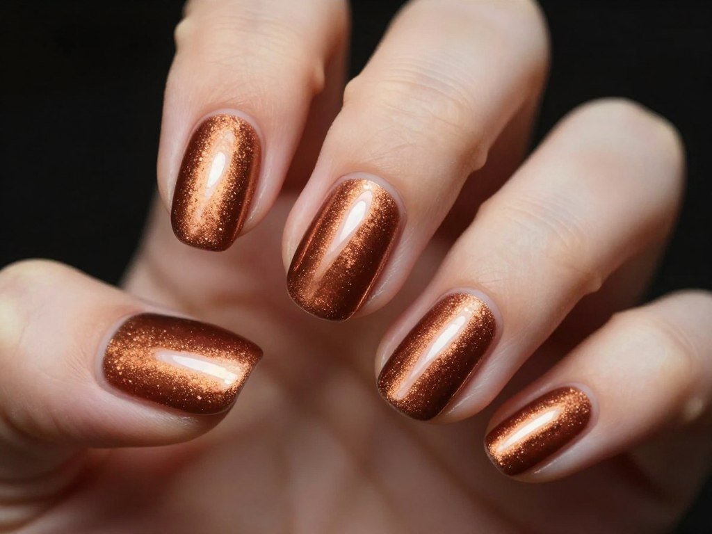 Copper shimmer French tips on oval nails with warm metallic glow