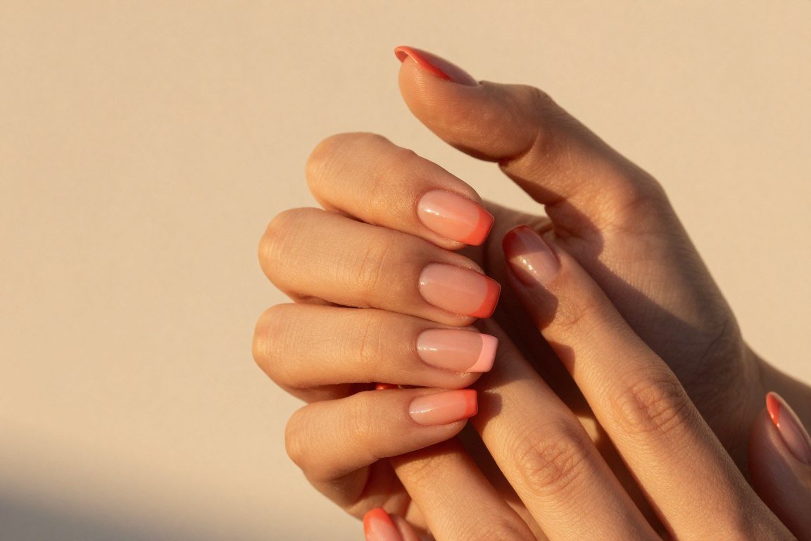 Coral and peach french tip nail designs