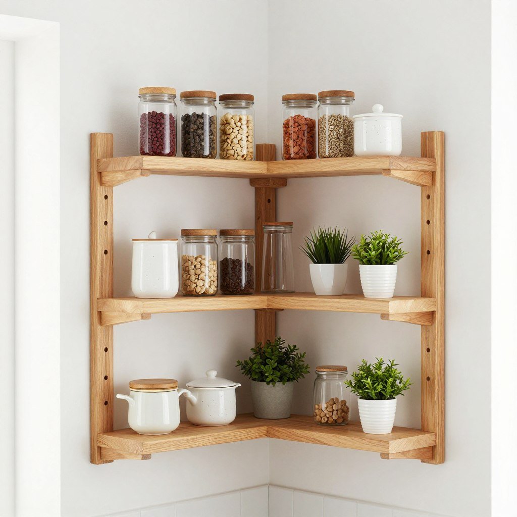 Corner kitchen shelving unit with wooden tiered shelves displaying spices and cooking ingredients