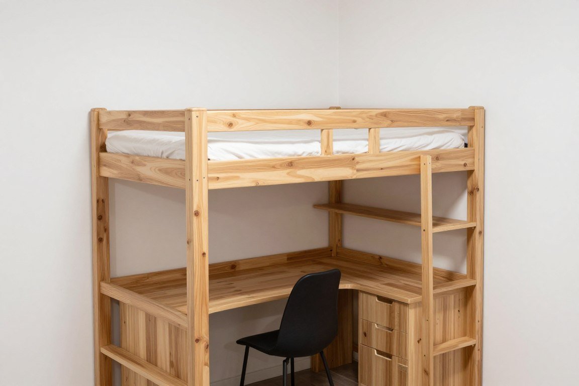 Corner loft bed fitted against two walls with storage below