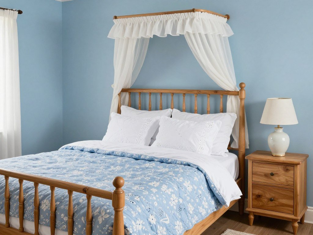 Cottage bedroom with periwinkle walls and pine furniture