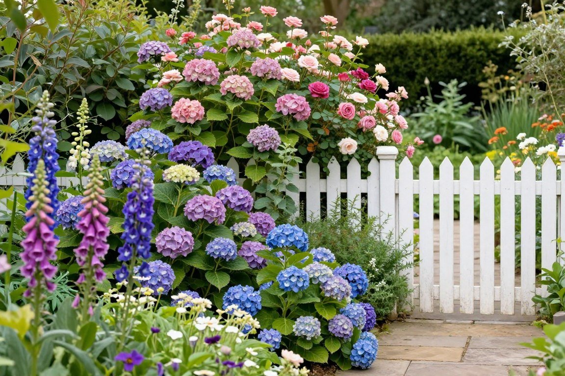 Cottage garden style front yard with mixed hydrangeas and perennials