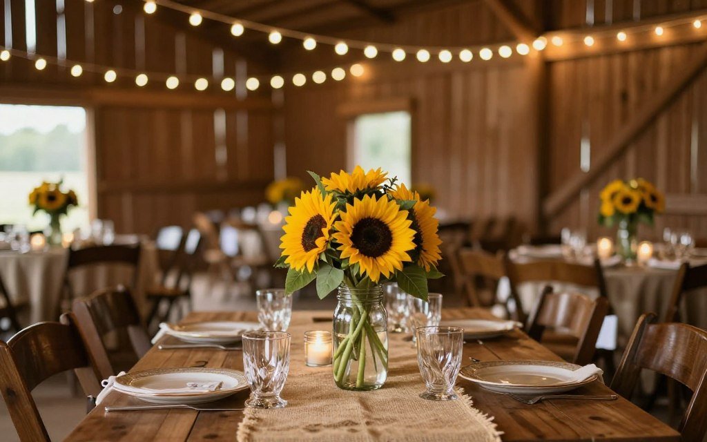 Country wedding reception with sunflower centerpieces