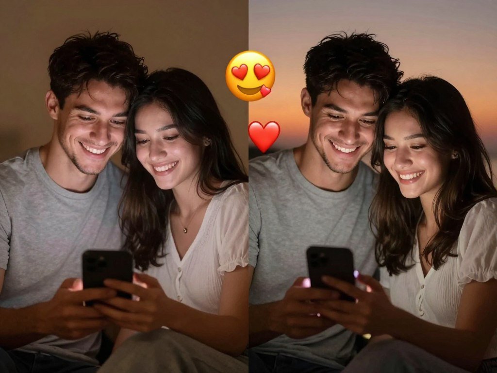 Couple playing romantic texting games together while apart