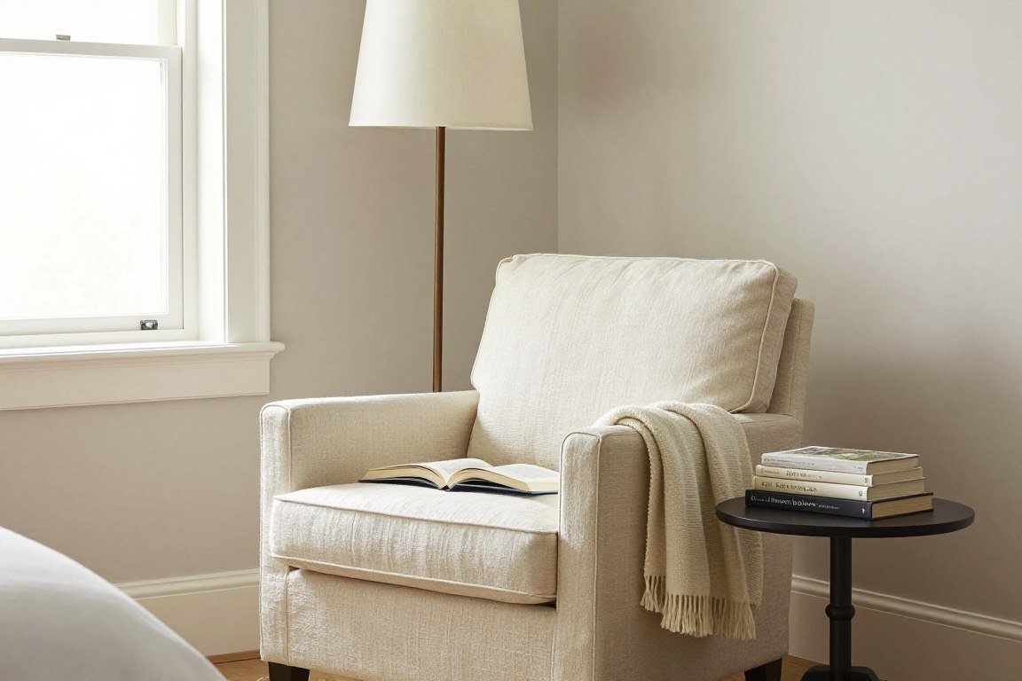 Cozy cream reading nook with upholstered chair by window