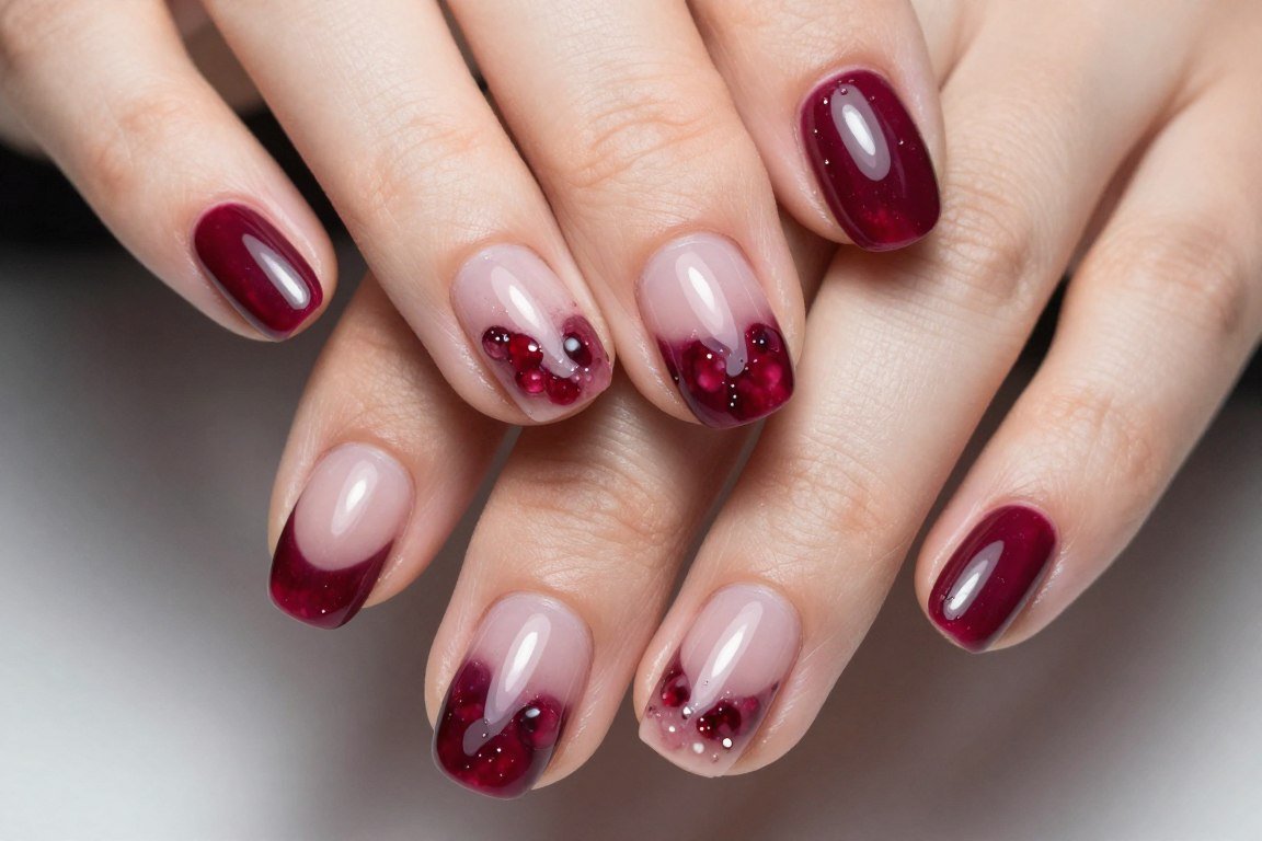 Cranberry French tips on round nails with red-purple berry tone
