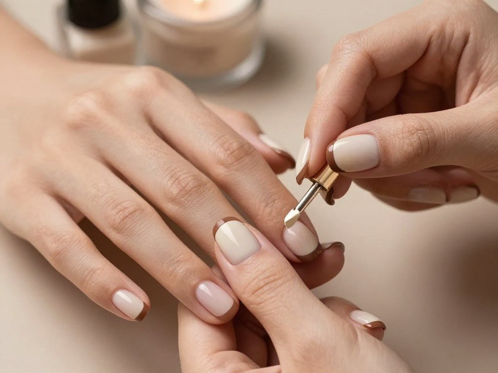 Cream and mocha French tips with coffee-inspired color combination
