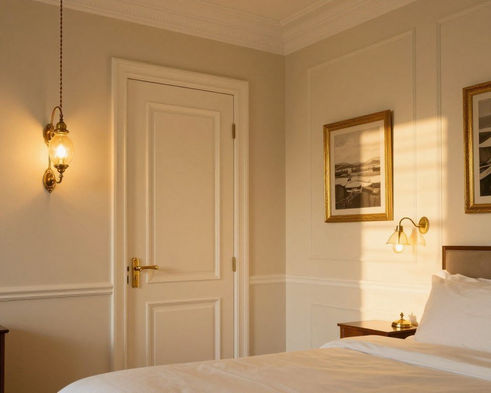 Cream bedroom featuring brass light fixtures and hardware