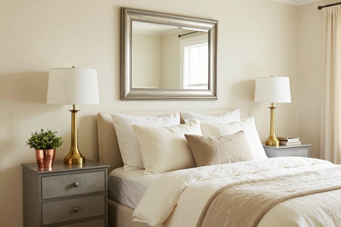 Cream bedroom featuring mixed brass and silver metal accents