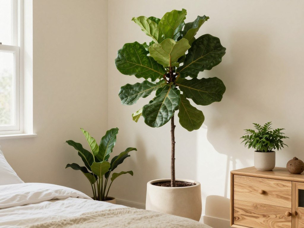 Cream bedroom with large potted plants in cream planters