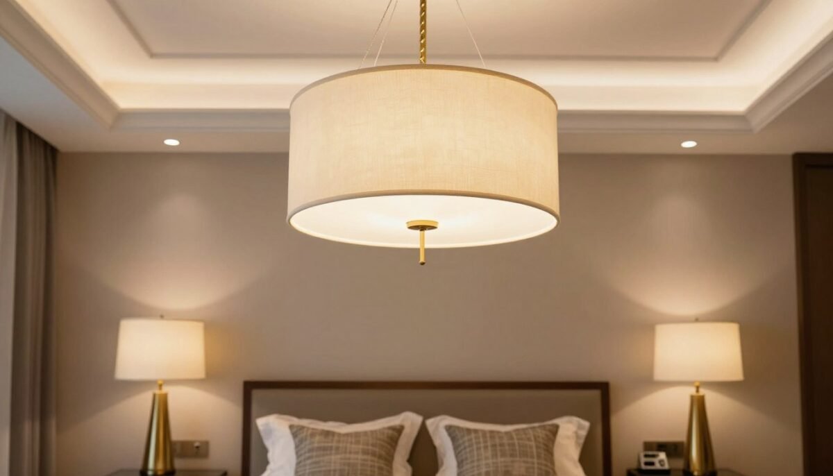 Cream bedroom with layered lighting including chandelier and bedside lamps