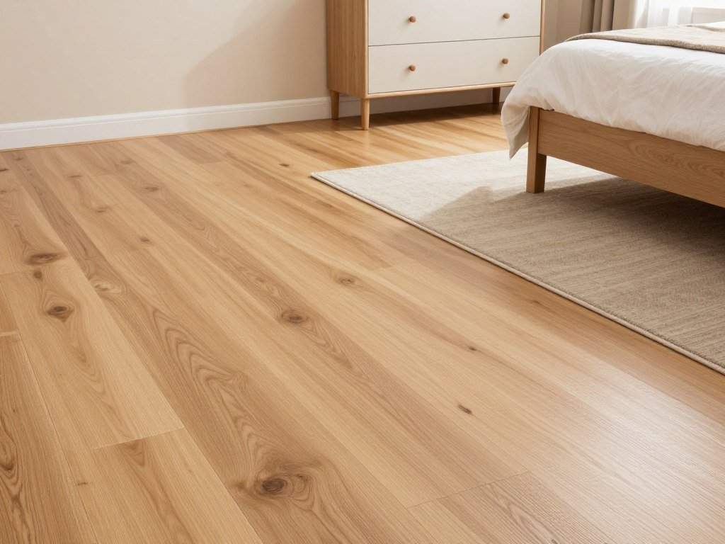 Cream bedroom with light oak hardwood flooring