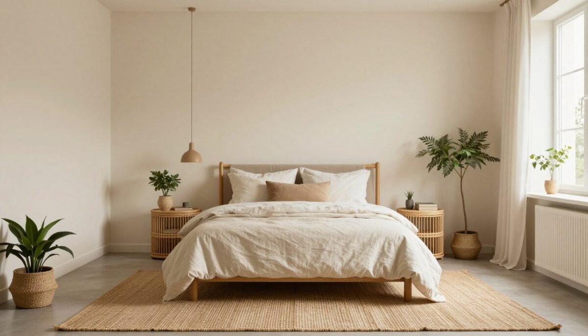 Cream bedroom with natural woven textures and rattan furniture