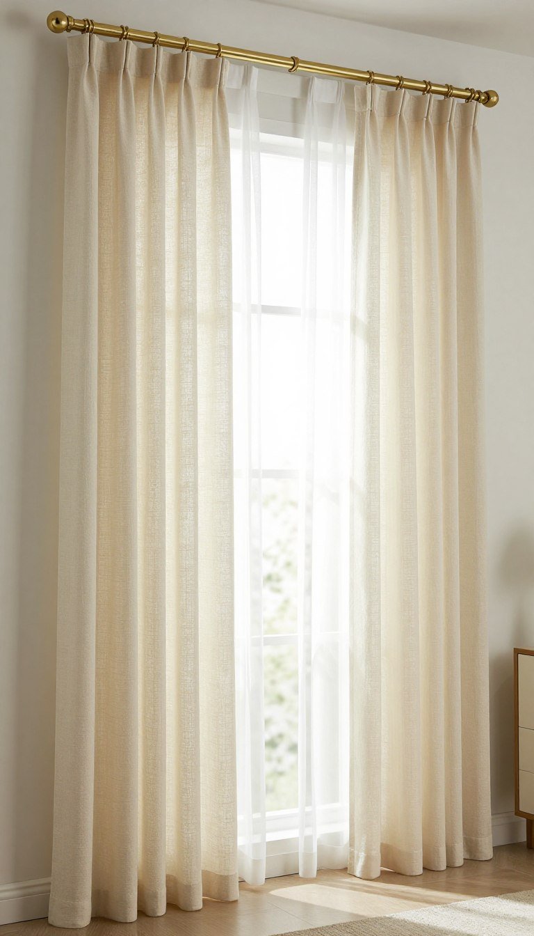 Cream layered curtains with sheer and heavy drapes