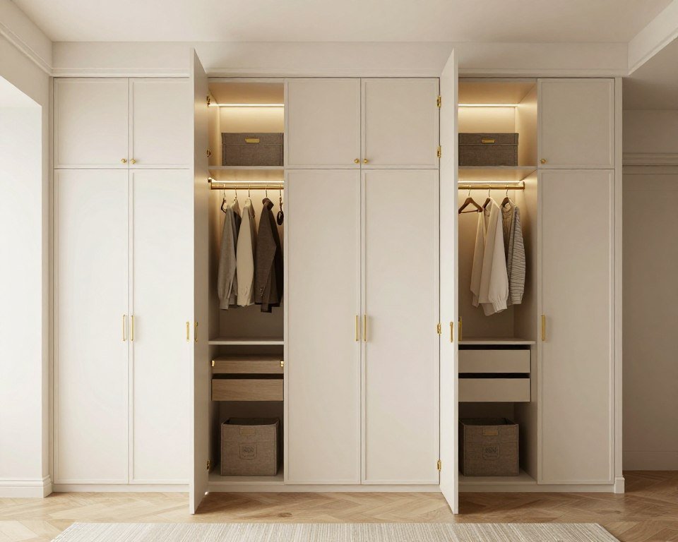 Cream painted built-in wardrobes in bedroom