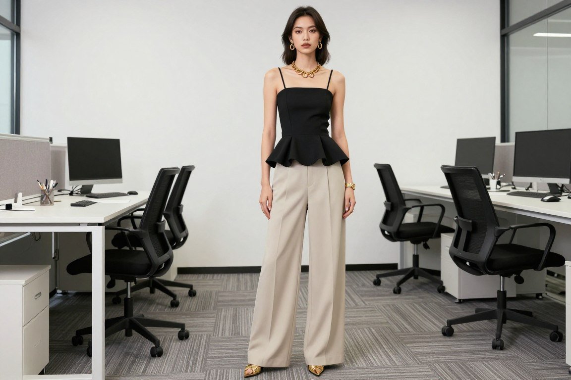 Creative office outfit for broad shoulders