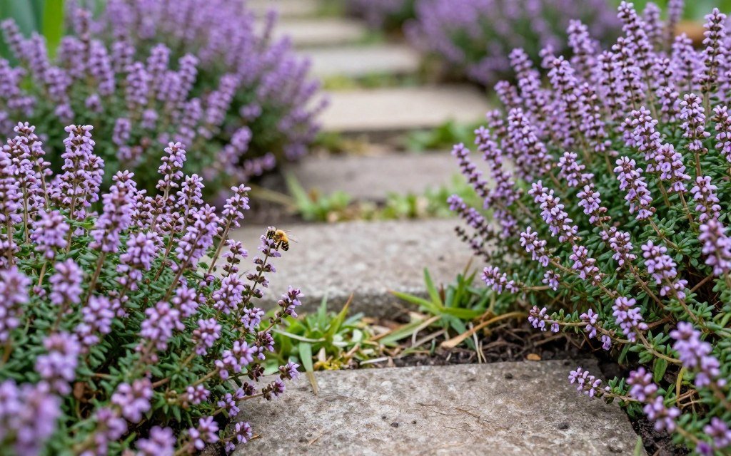 Creeping thyme pathway with purple blooms