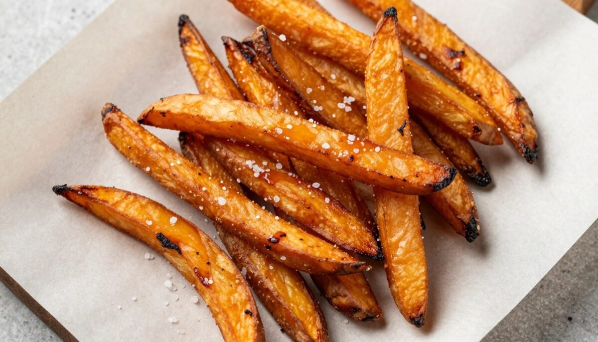 Crispy sweet potato fries from ninja air fryer with golden edges Crispy sweet potato fries from ninja air fryer with golden edges