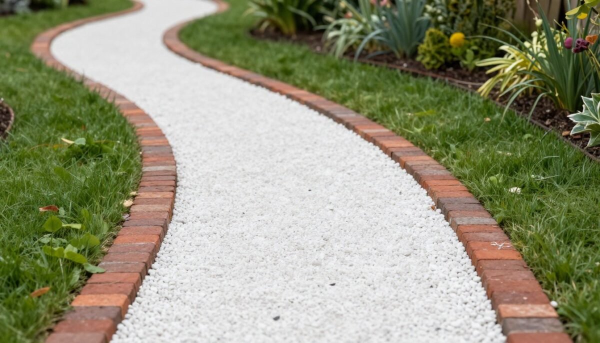 Crushed stone path with vintage brick edging Crushed stone path with vintage brick edging