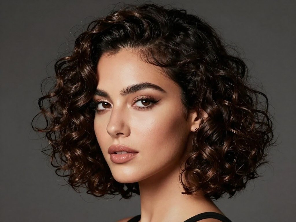 Curly bob styled with dramatic deep side part