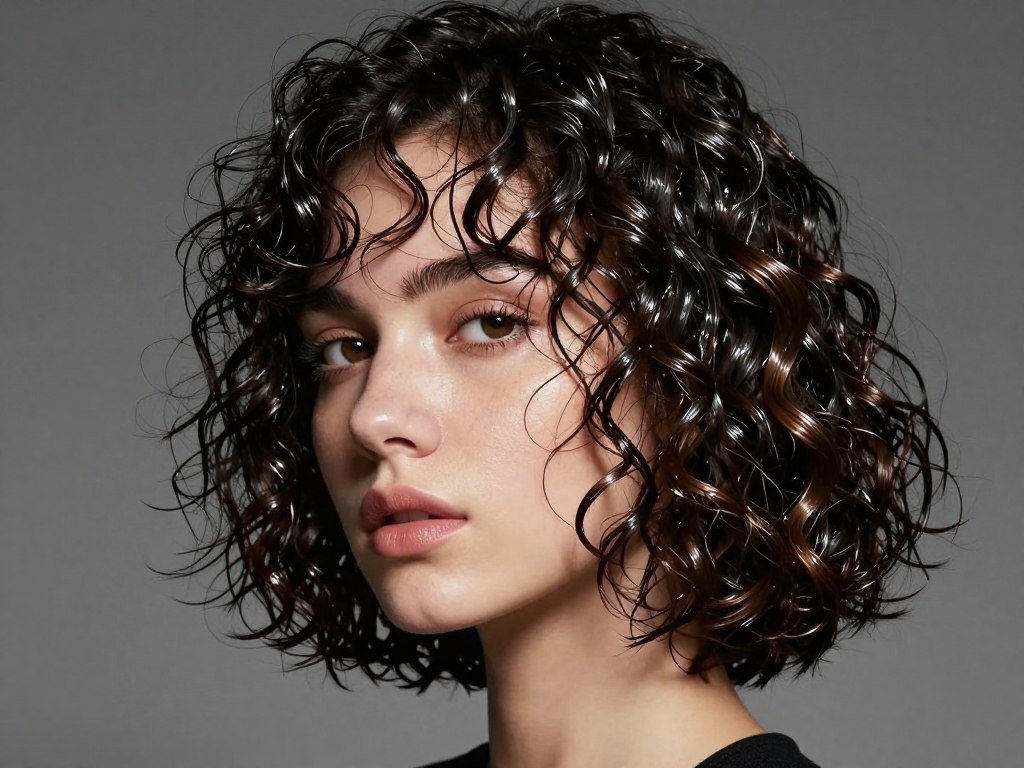 Curly bob styled with wet-look gel finish